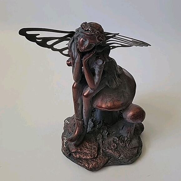 Bronze Resin Seated Fairy Atop Mushroom Caps Figurine Enchanted Fantasy Magical - Picture 5 of 11